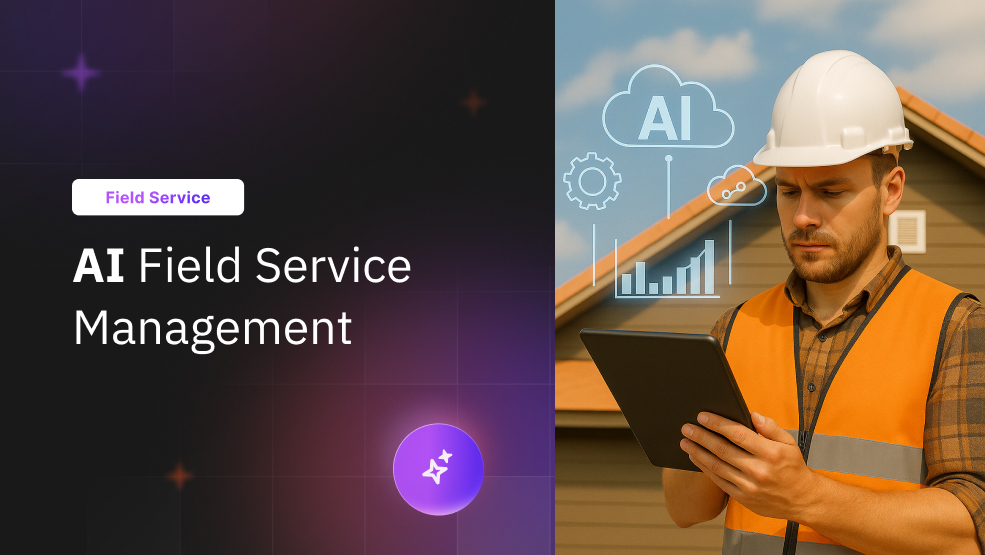 Field service technician in hard hat and safety vest using tablet with AI-powered cloud analytics at residential job site