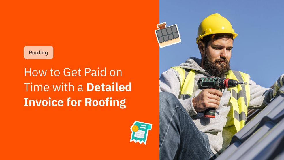 Roofer in hard hat and safety vest using a drill on a rooftop, representing professional roofing invoicing