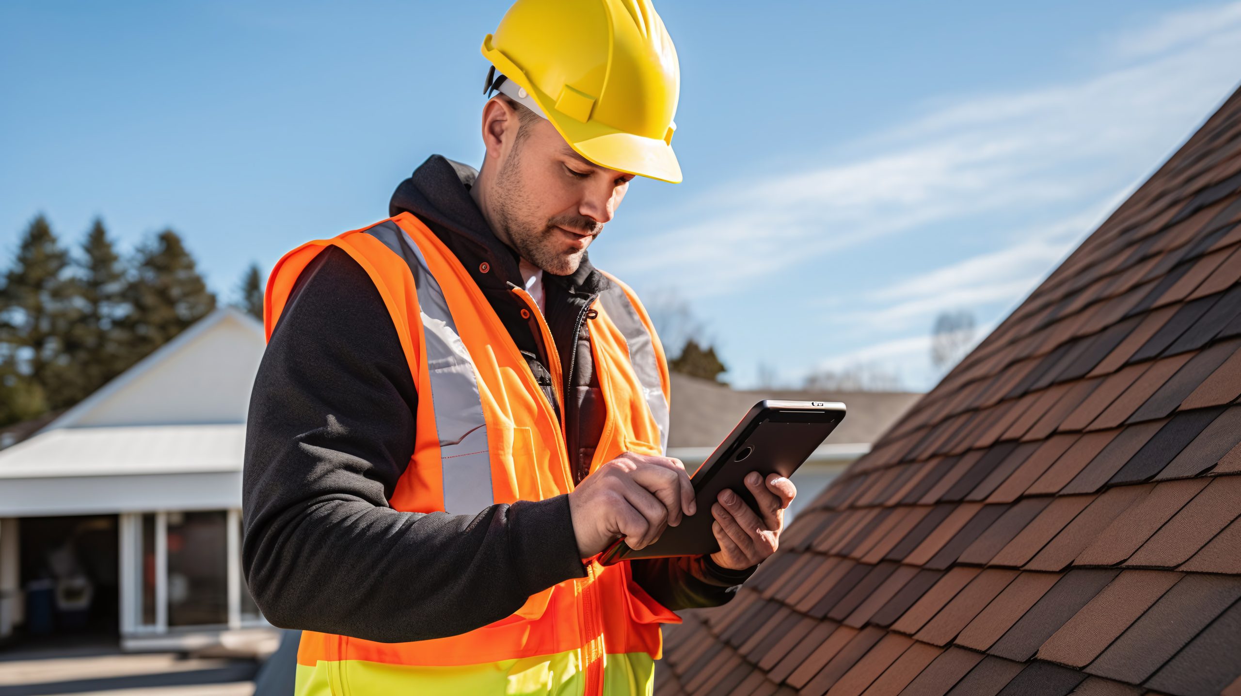 Roofing contractor in safety vest and hard hat using tablet to document inspection on residential shingle roof