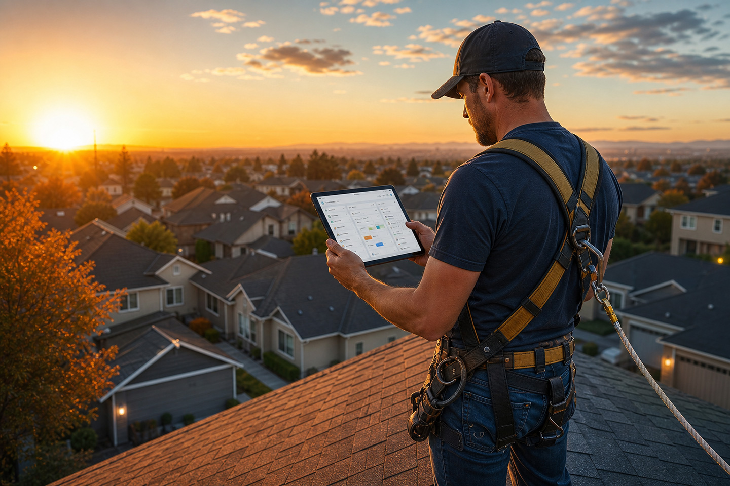 Roofer in a safety harness on a residential roof using the best roofing CRM software on a tablet at golden hour