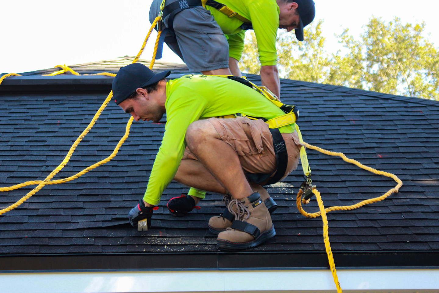 Roofer in safety harness crouching on dark shingle roof while securing materials during installation