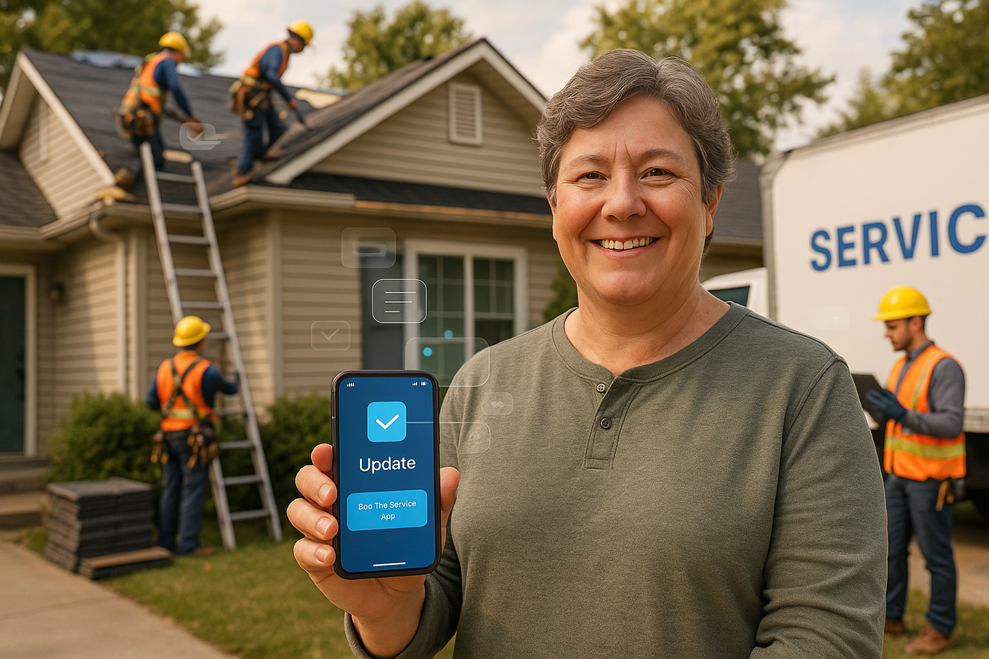 Smiling homeowner holds phone showing service update app while roofing crew works on house in background