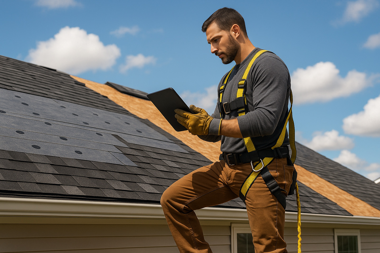 Roofing contractor in safety harness using tablet to inspect shingle installation progress on residential roof