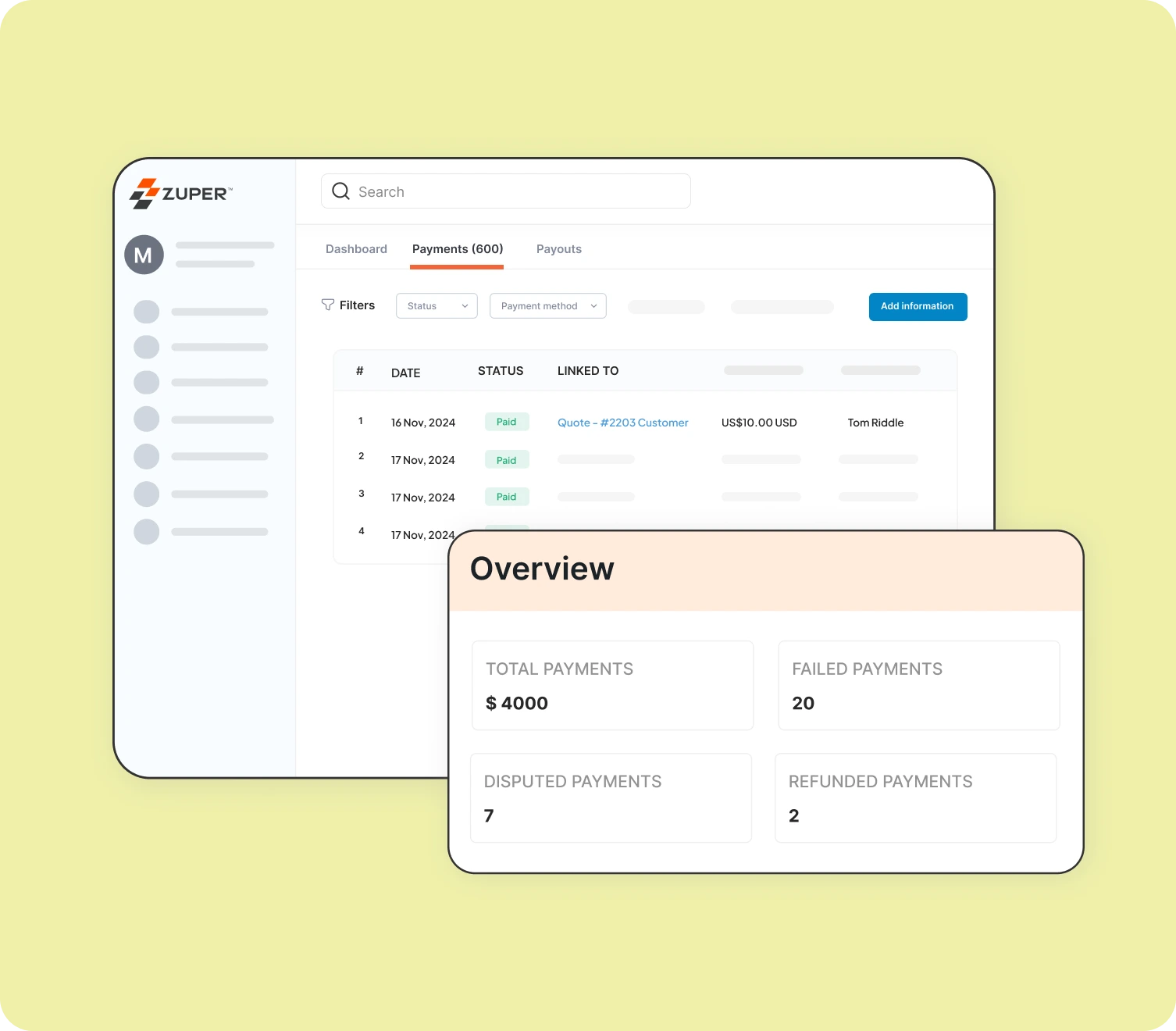 Zuper payments dashboard showing transaction list with paid status indicators and overview metrics for total, failed, disputed, and refunded payments