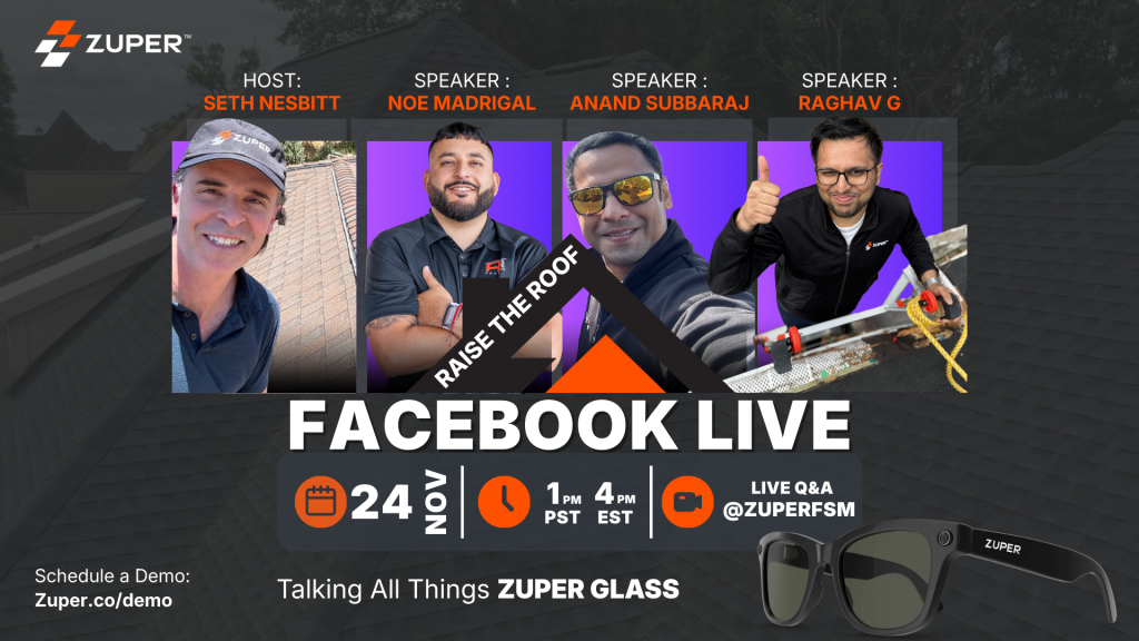Zuper Facebook Live event banner featuring host Seth Nesbitt and speakers discussing Zuper Glass on November 24