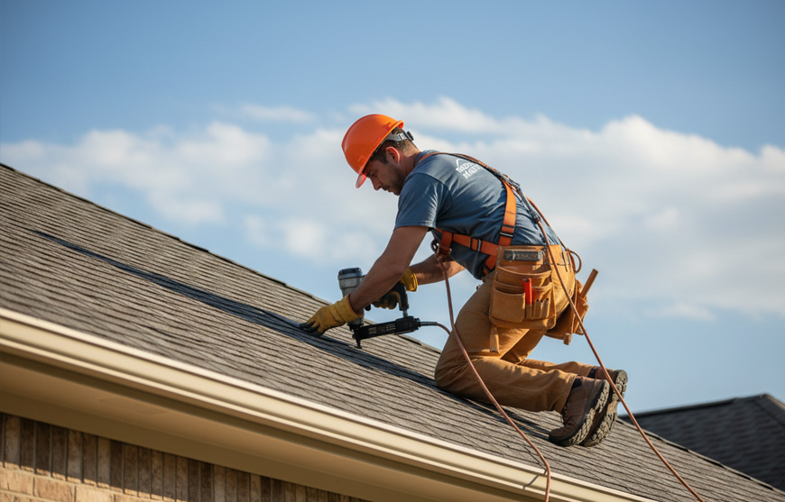 Roofer in orange hard hat using pneumatic nail gun to install asphalt shingles on residential roof