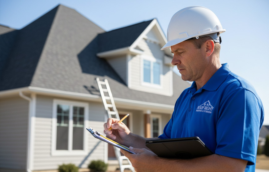 Roofing contractor in hard hat writing on clipboard during exterior home inspection