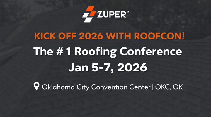 Zuper promotional banner for RoofCon 2026 roofing conference, January 5-7 at Oklahoma City Convention Center