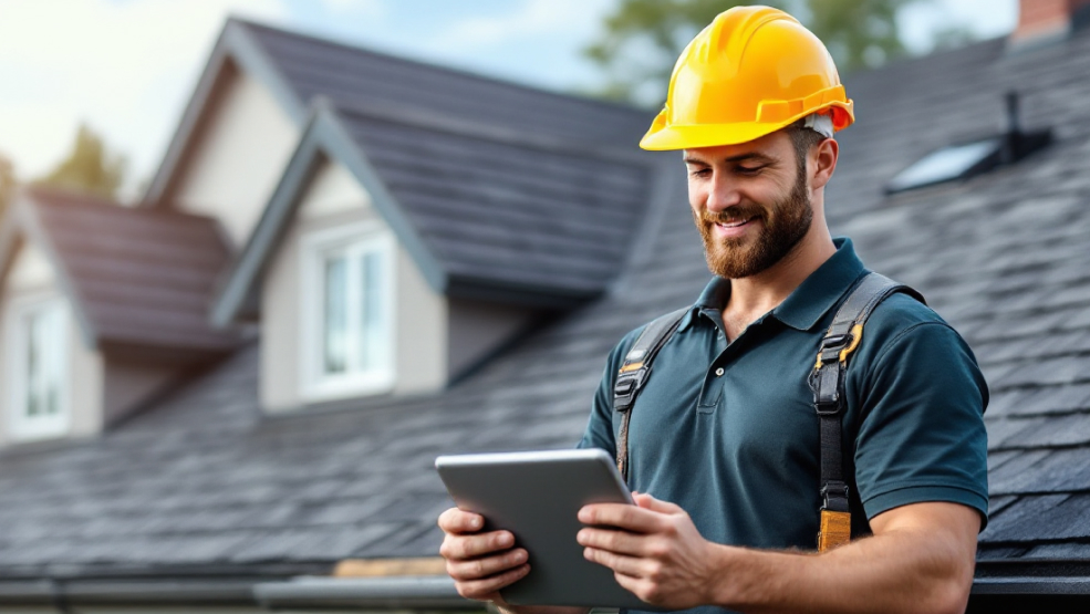 Roofing contractor in hard hat reviewing project details on tablet at residential job site