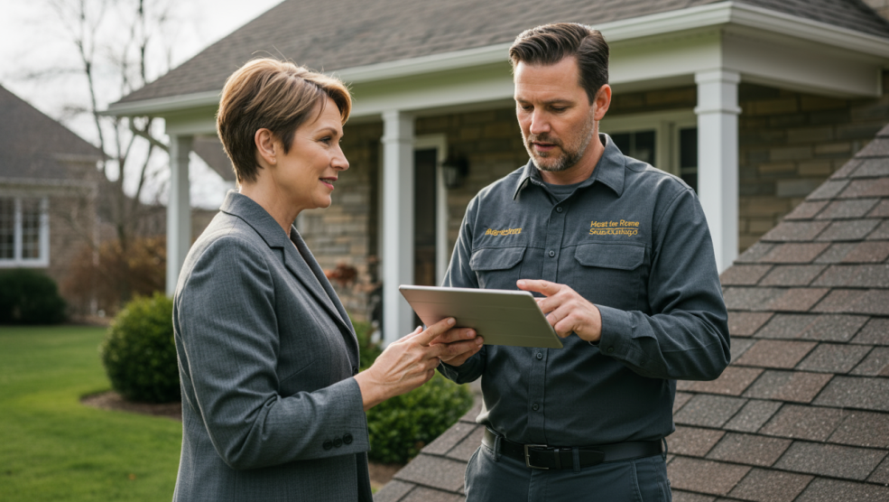 Roofing contractor reviewing estimate details on tablet with homeowner outside residential property