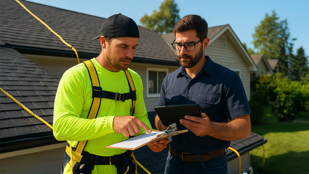 Roofing contractor in safety harness reviewing project documents with supervisor outside residential home