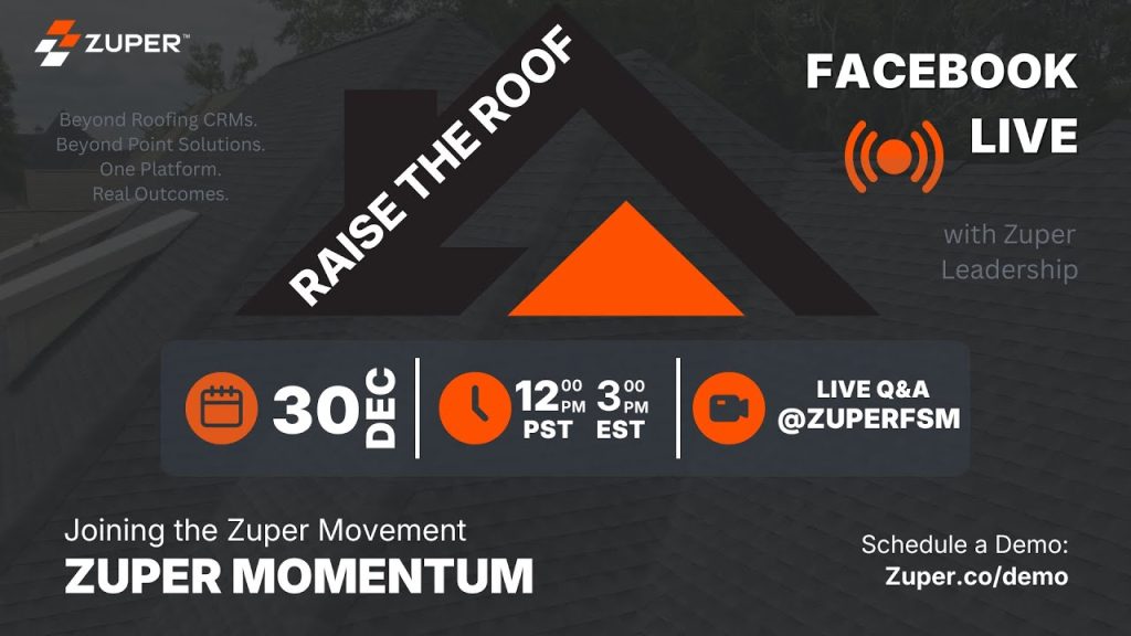 Zuper Facebook Live event graphic announcing Raise the Roof webinar on December 30 at 12 PM PST with live Q&A