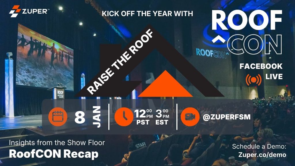 Zuper Facebook Live event promotional graphic for RoofCON recap on January 8 at 12 PM PST