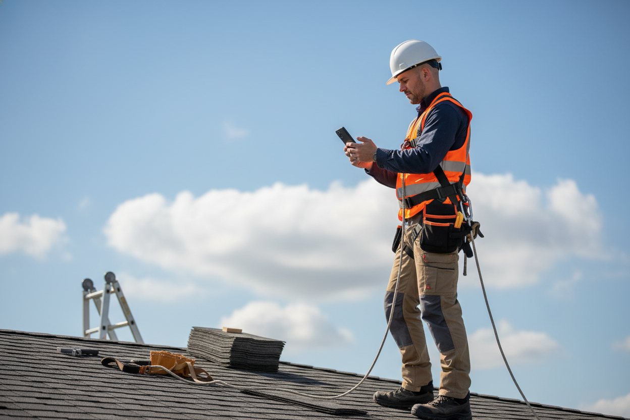 Roofer in safety harness checking smartphone while standing on asphalt shingle roof with materials nearby