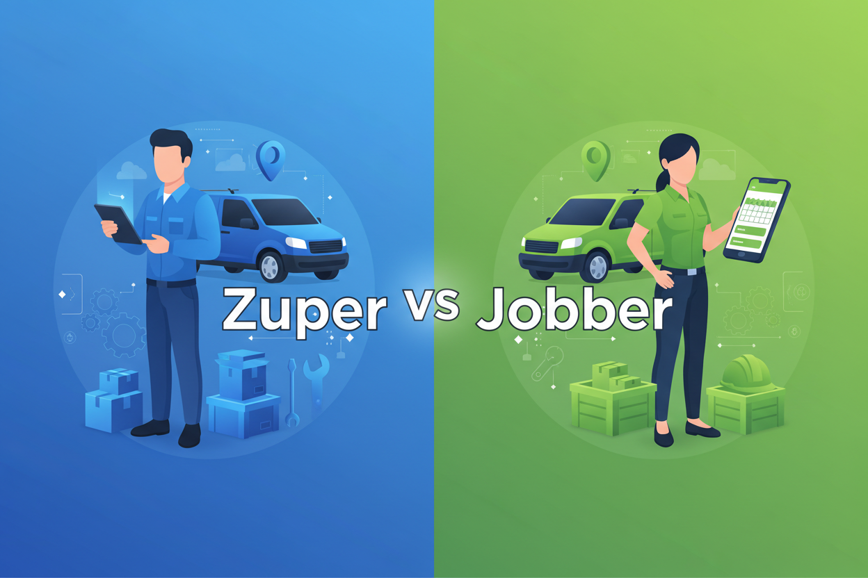 Zuper vs Jobber comparison showing field service technicians with work vans, tablets, and scheduling tools