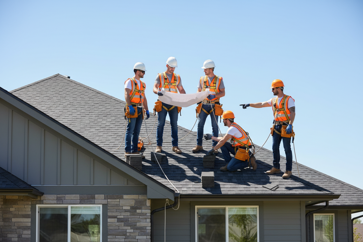 Roofing crew in safety harnesses reviewing blueprints on a gray shingled residential roof