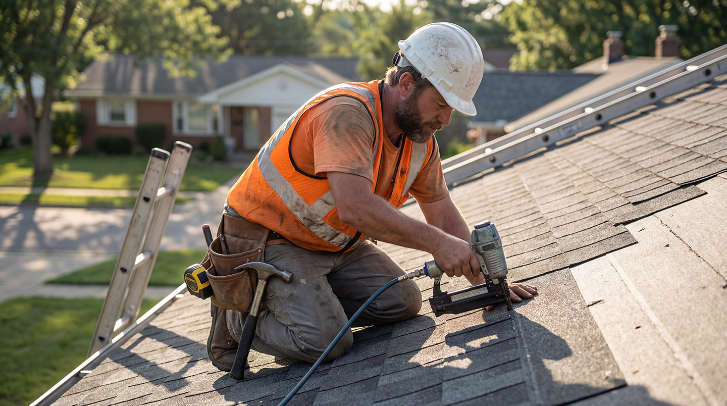 Roofer using pneumatic nail gun to install asphalt shingles on residential roof with tool belt and safety gear