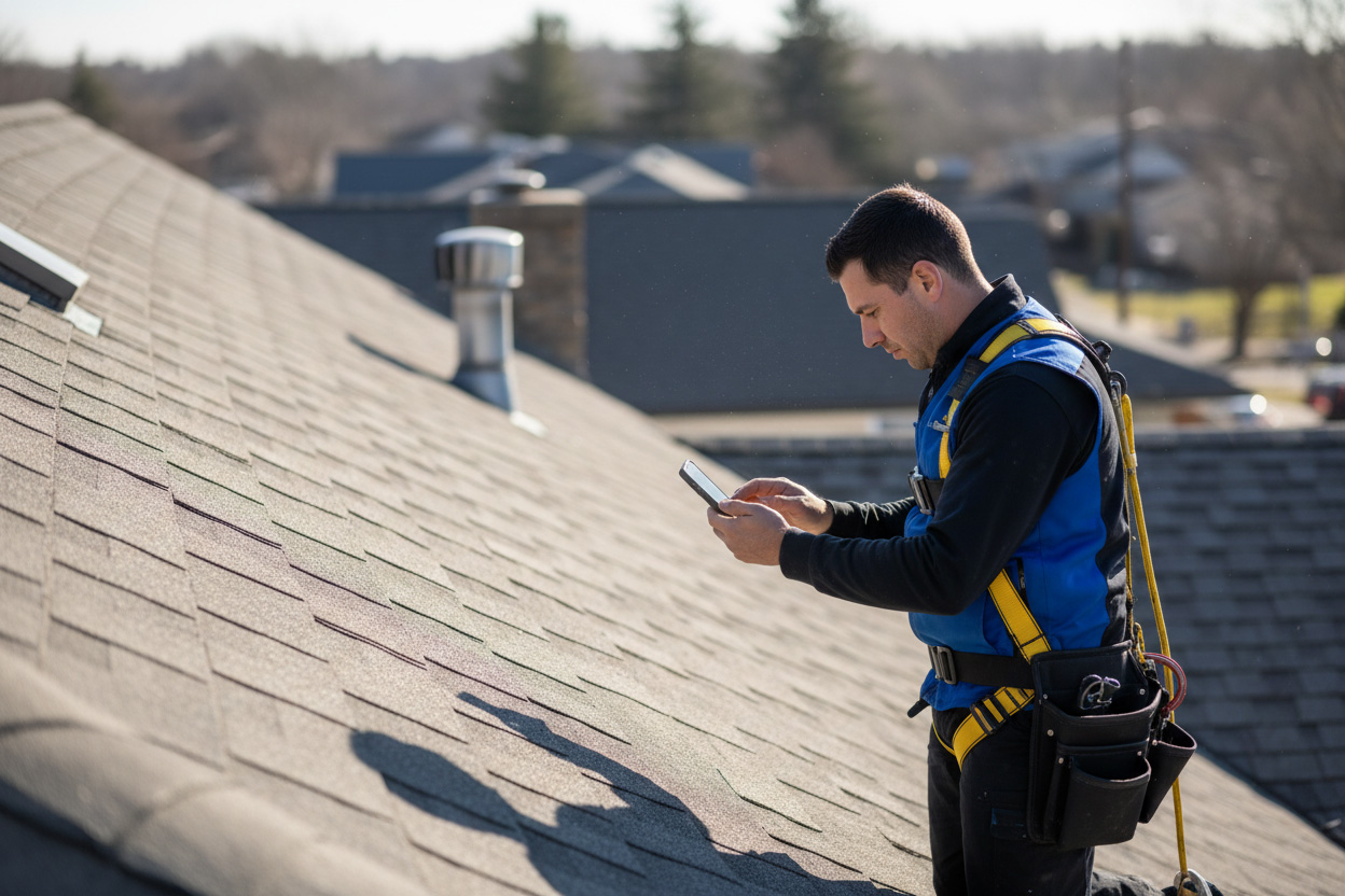 Roofing contractor in safety harness using smartphone to document inspection on residential shingle roof