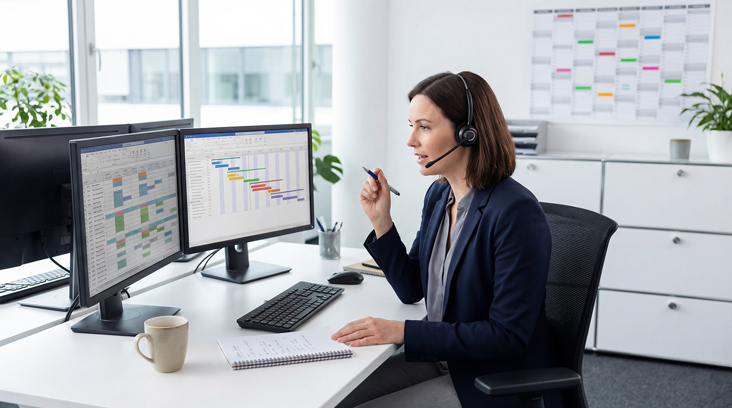 Project manager with headset reviewing Gantt chart and calendar schedules on dual monitors during a call
