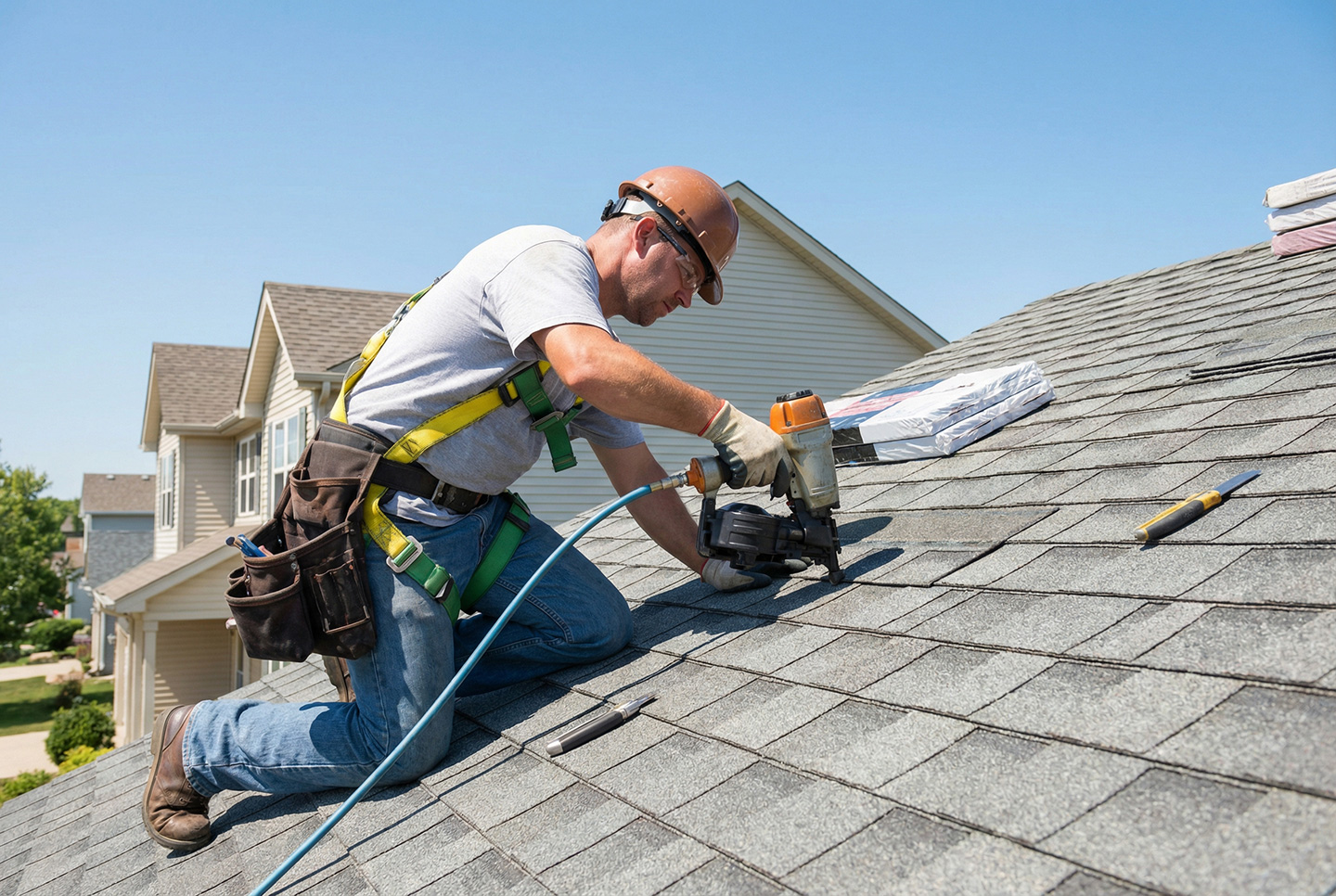 Roofer in safety harness using pneumatic nail gun to install asphalt shingles on residential roof