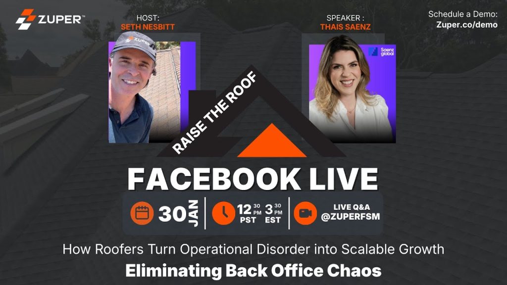 Seth Nesbitt hosting Facebook Live with Thais Saenz on eliminating back office chaos for roofers