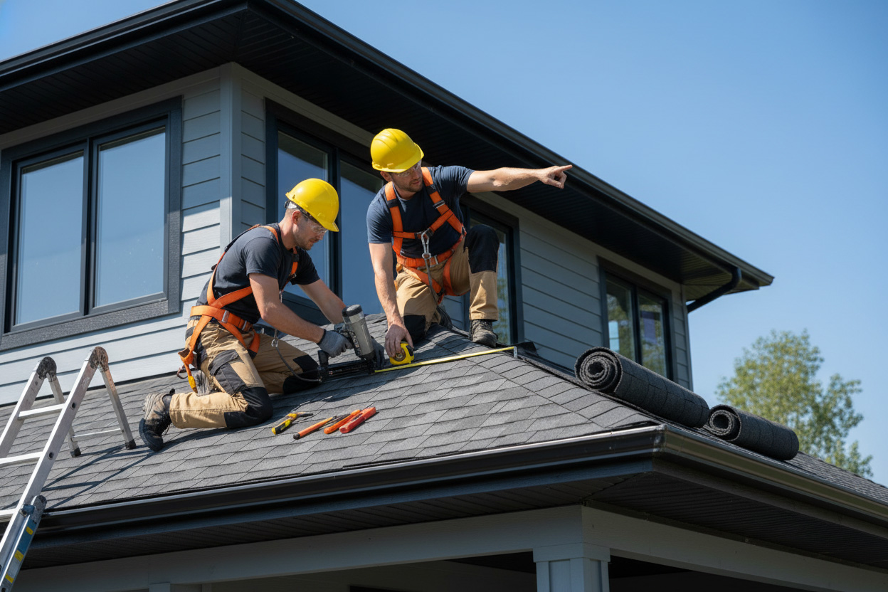 Two roofing contractors in safety harnesses measure and install asphalt shingles on a residential roof