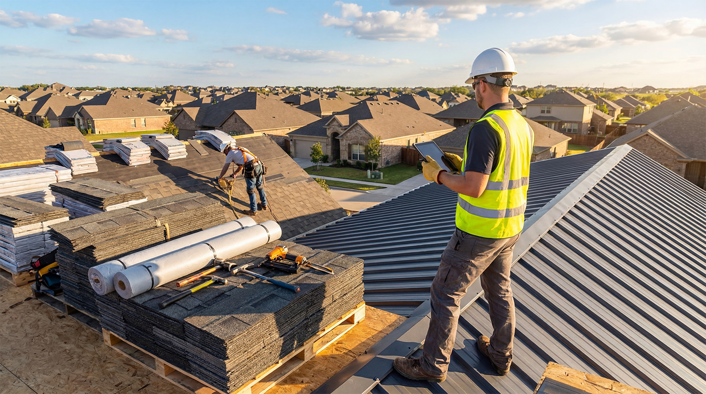 Roofing contractor with tablet supervises shingle installation while crew member works on residential roof at sunset
