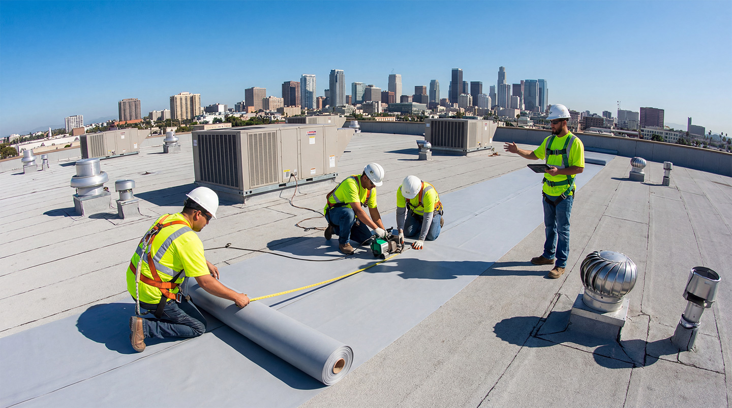 Commercial roofing crew installing TPO membrane with downtown Los Angeles skyline in background