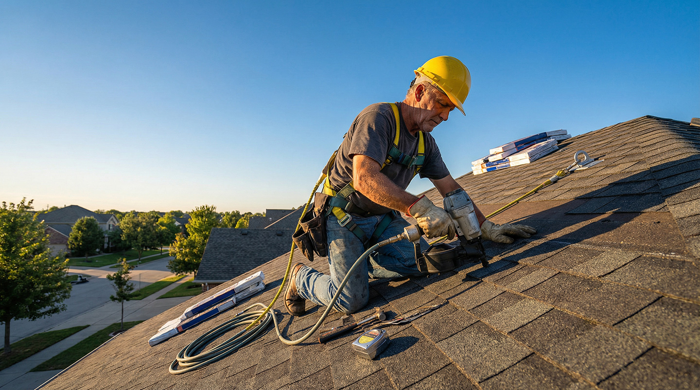 Roofer wearing safety harness uses pneumatic nail gun to install asphalt shingles on residential roof at sunset
