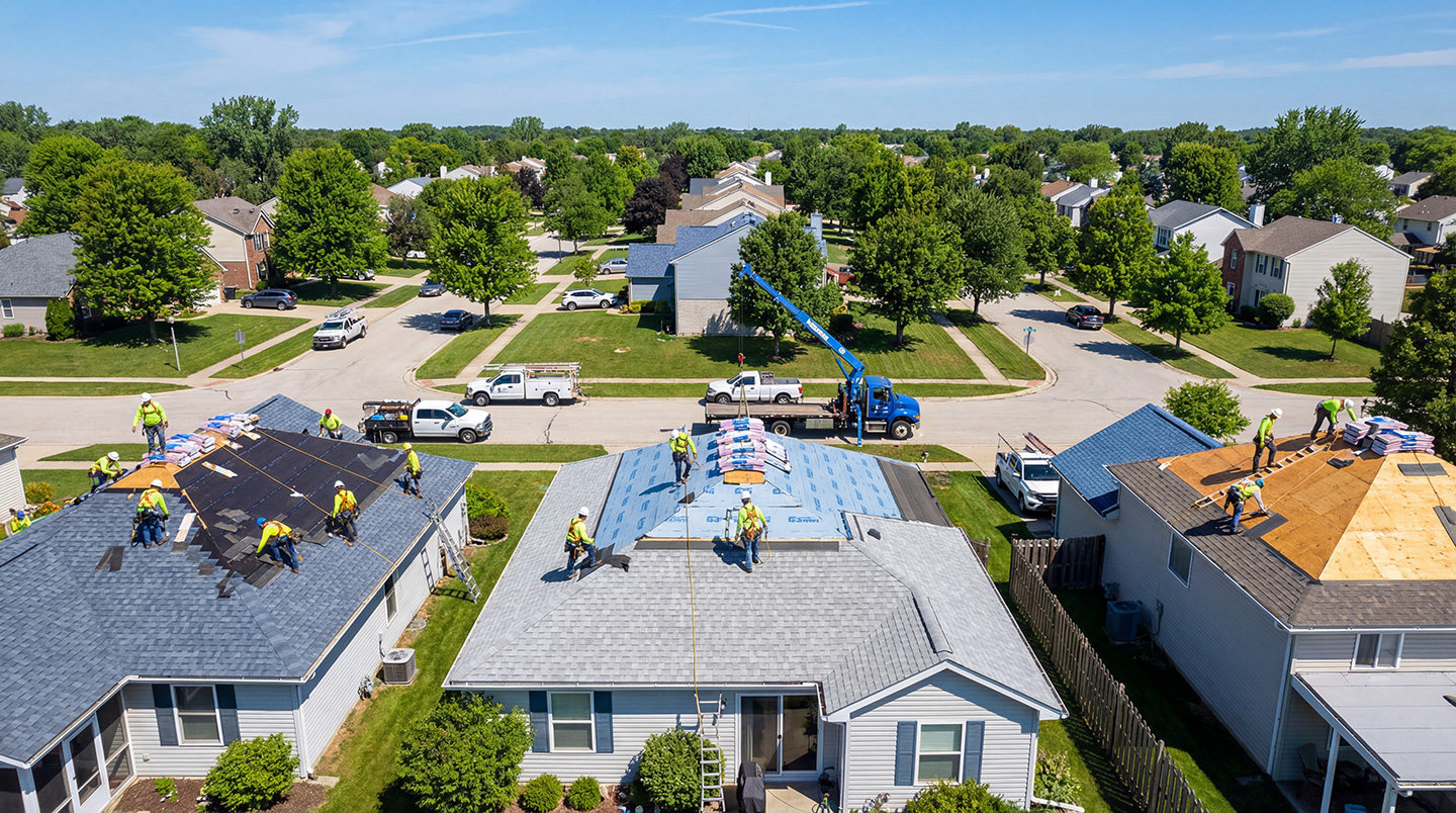 Aerial view of roofing crews replacing shingles on multiple suburban homes with a crane delivering materials