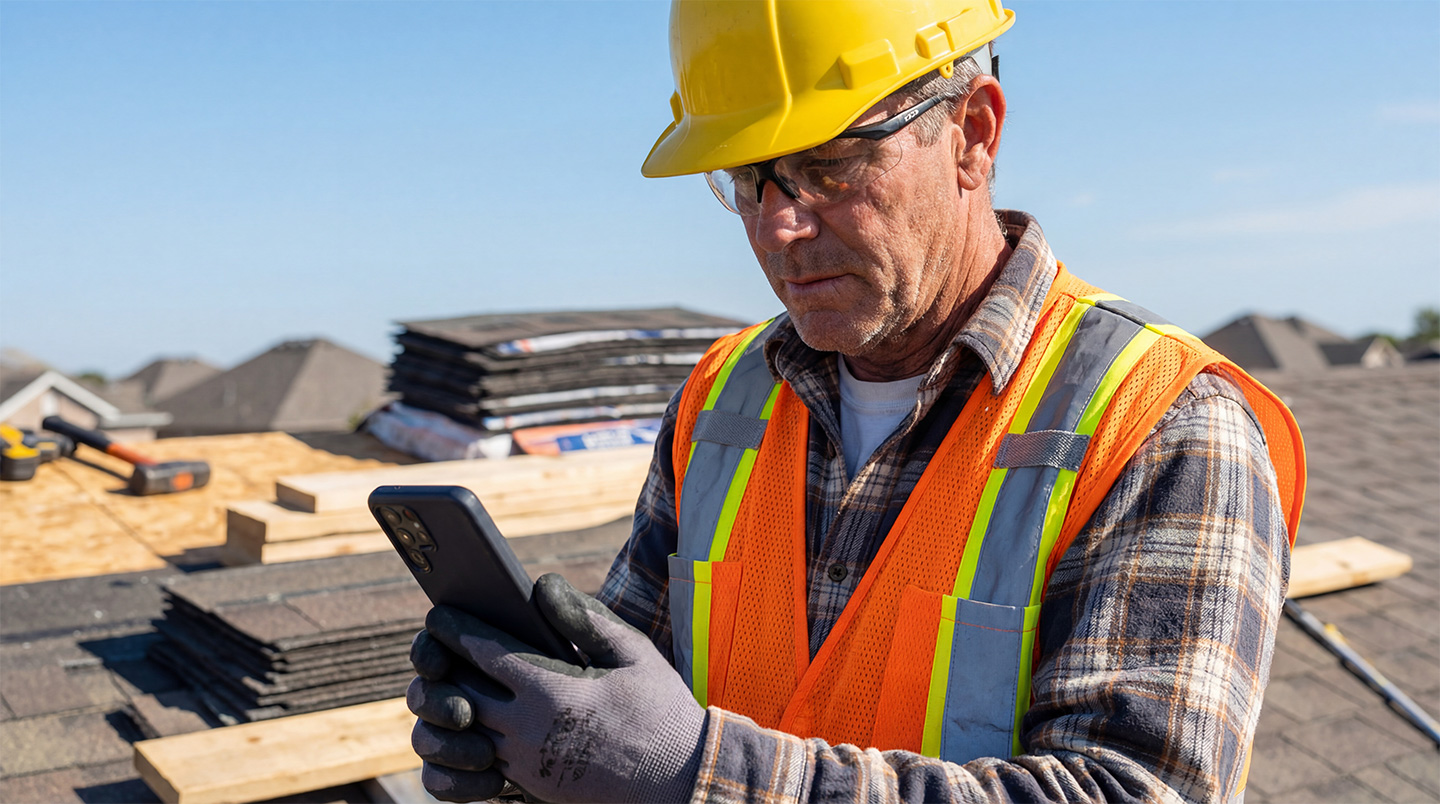 Roofer in safety vest and hard hat checking smartphone on job site with shingles stacked nearby