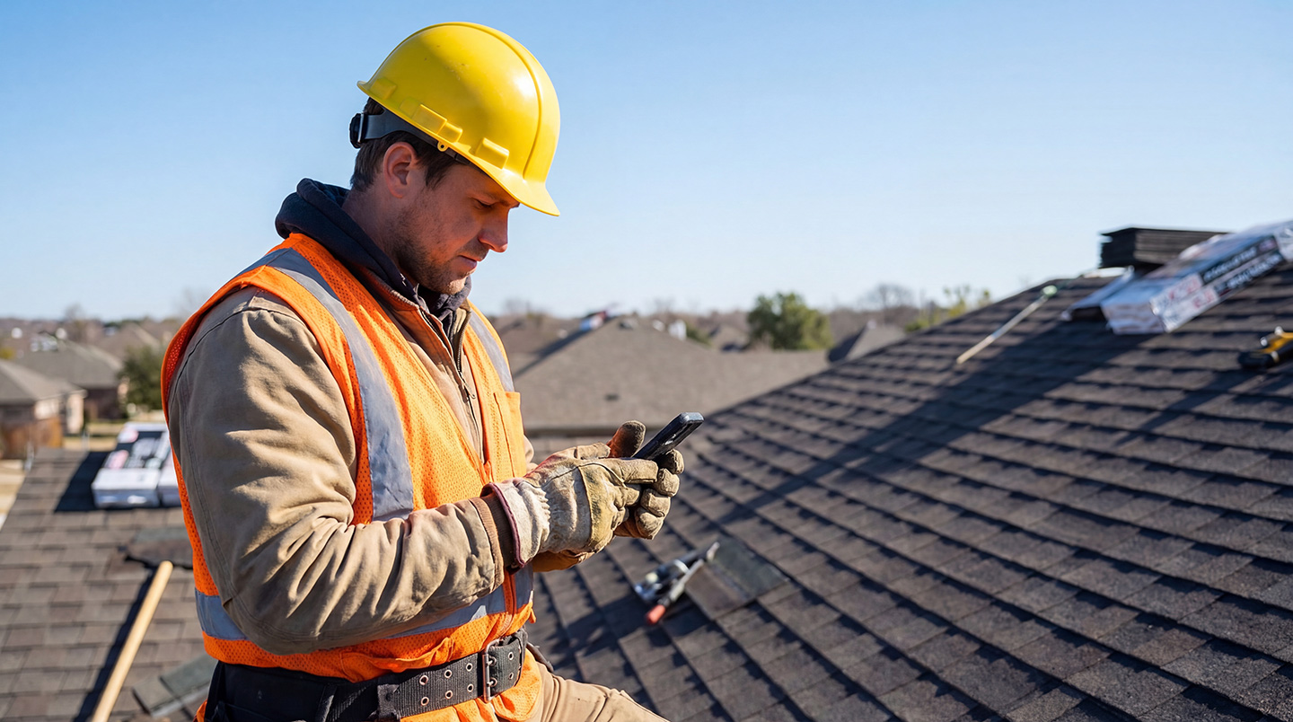 Roofer in safety gear checking smartphone on shingled roof at active job site