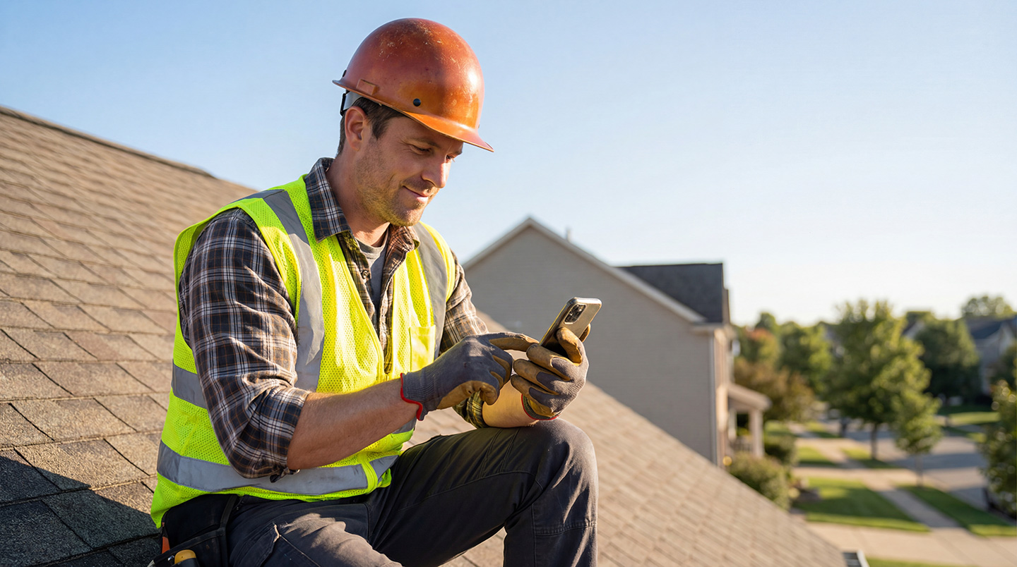 Roofer in safety vest and hard hat using smartphone on residential roof