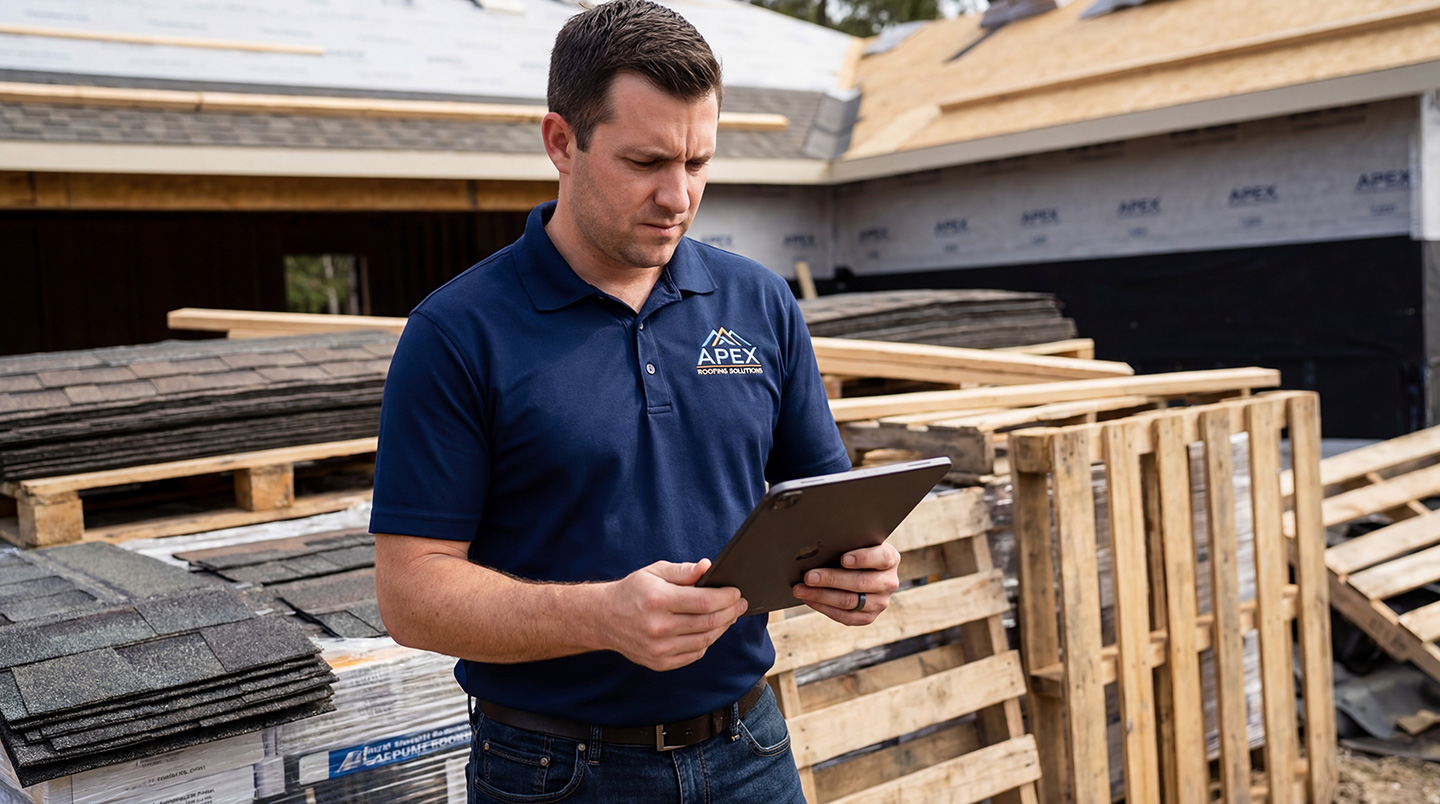 Roofing contractor reviewing project details on tablet at job site with shingles and building materials
