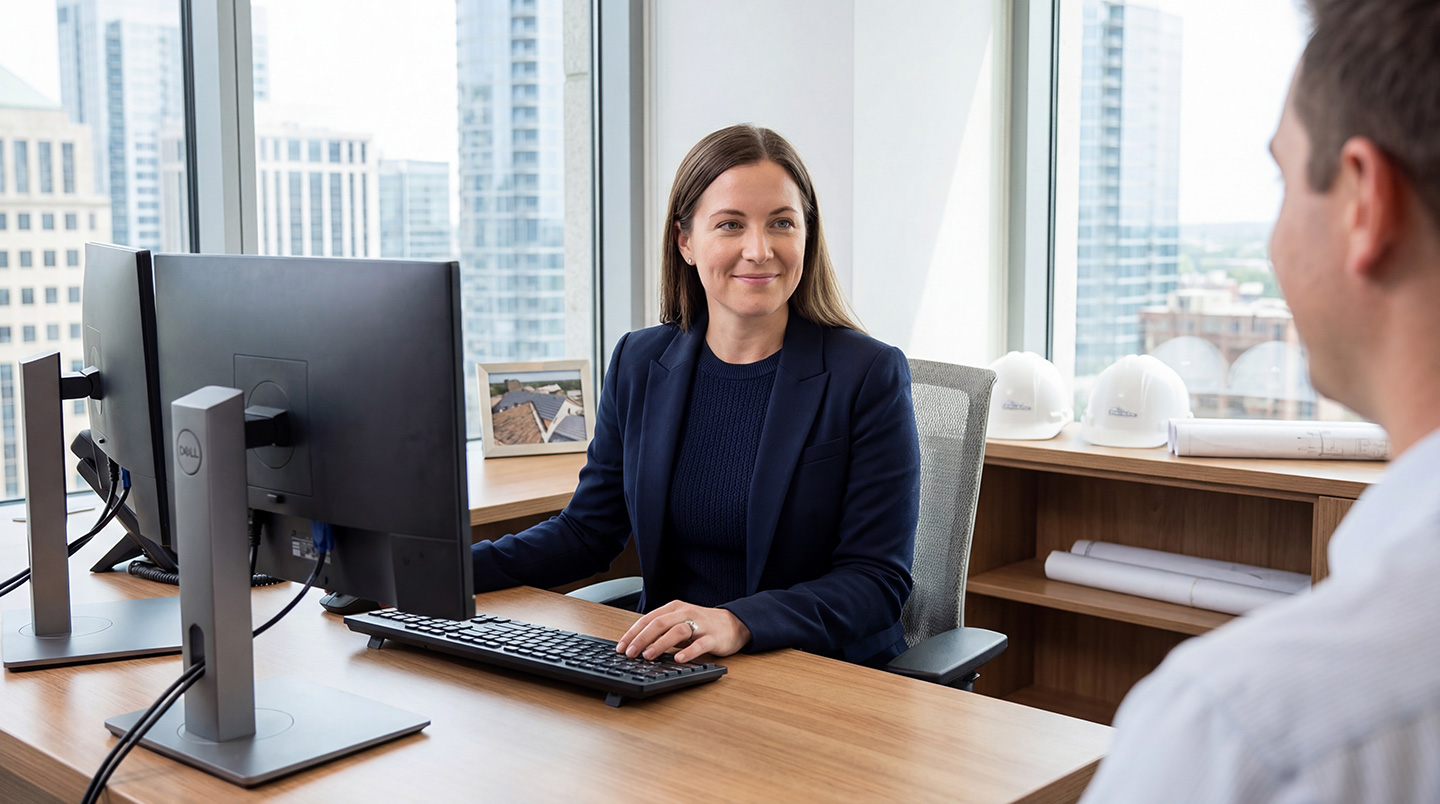Professional woman in navy blazer at office desk meeting with colleague, construction hard hats visible on shelf behind