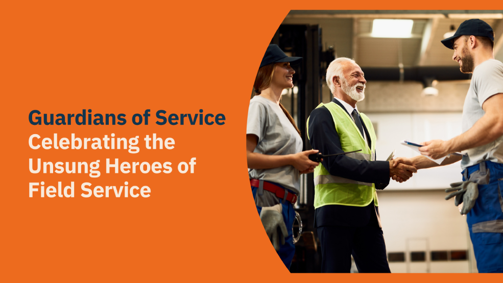 Field service manager in safety vest shaking hands with technician while coworker observes in warehouse setting