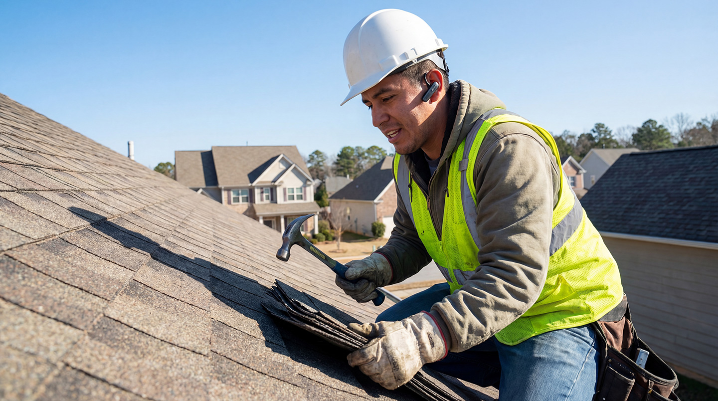 A roofer uses hands-free AI technology on the job, an example of AI’s impact on roofing operations