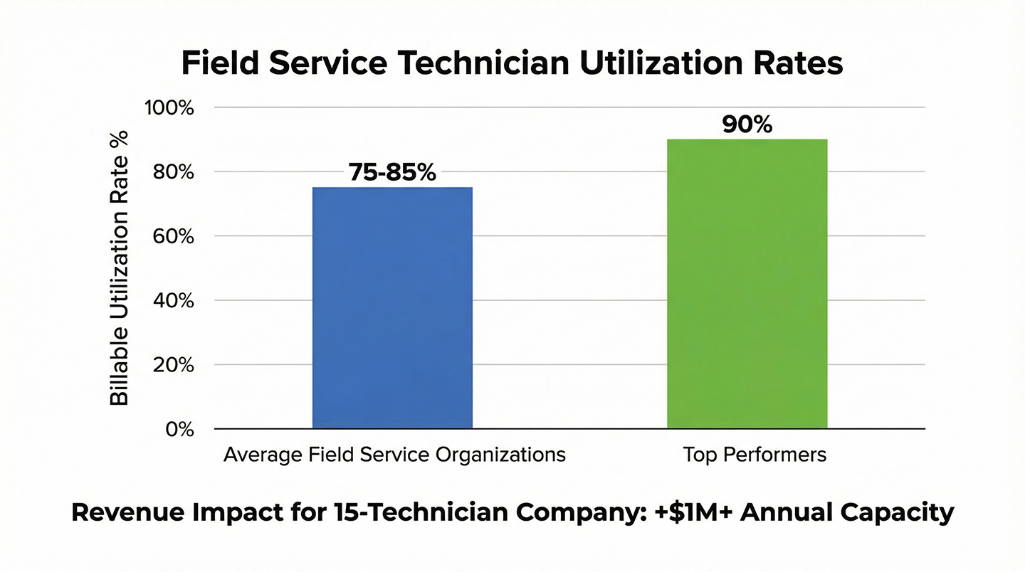 Bar chart comparing field service technician utilization rates
