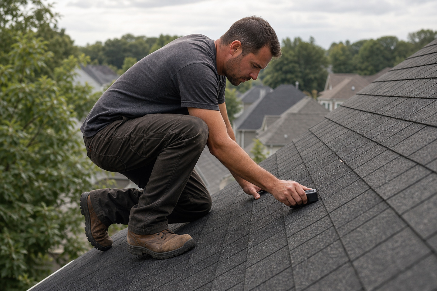 A roofer measuring a roof before using a roof slope calculator.