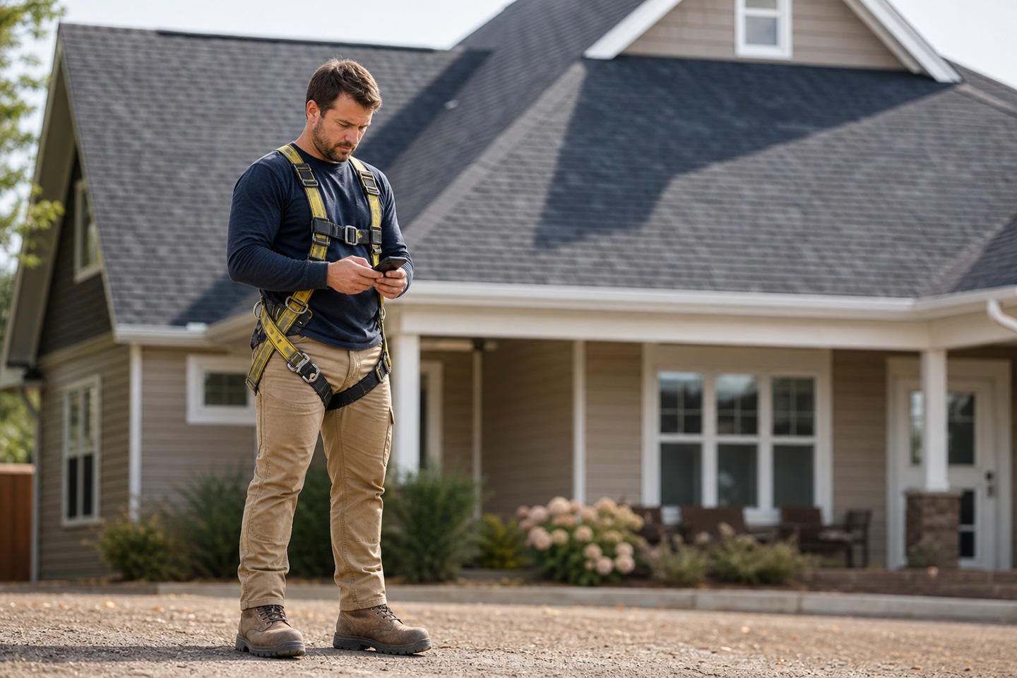 A roofer using an all-in-one roofing app for contractors