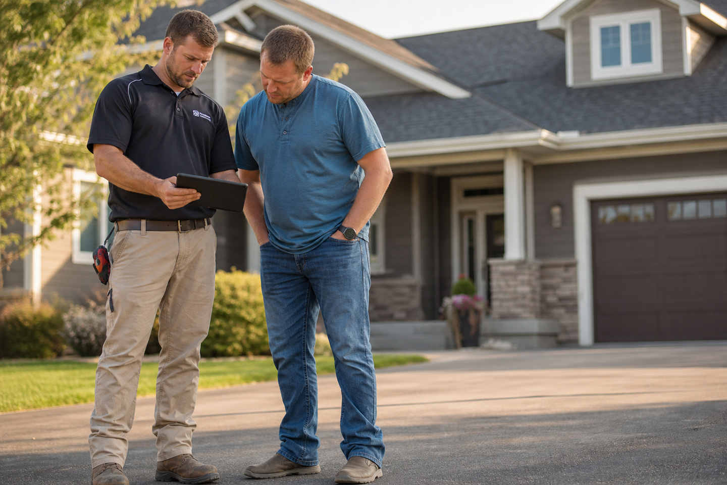 A roofing contractor showing a homeowner a roofing agreement created with a template