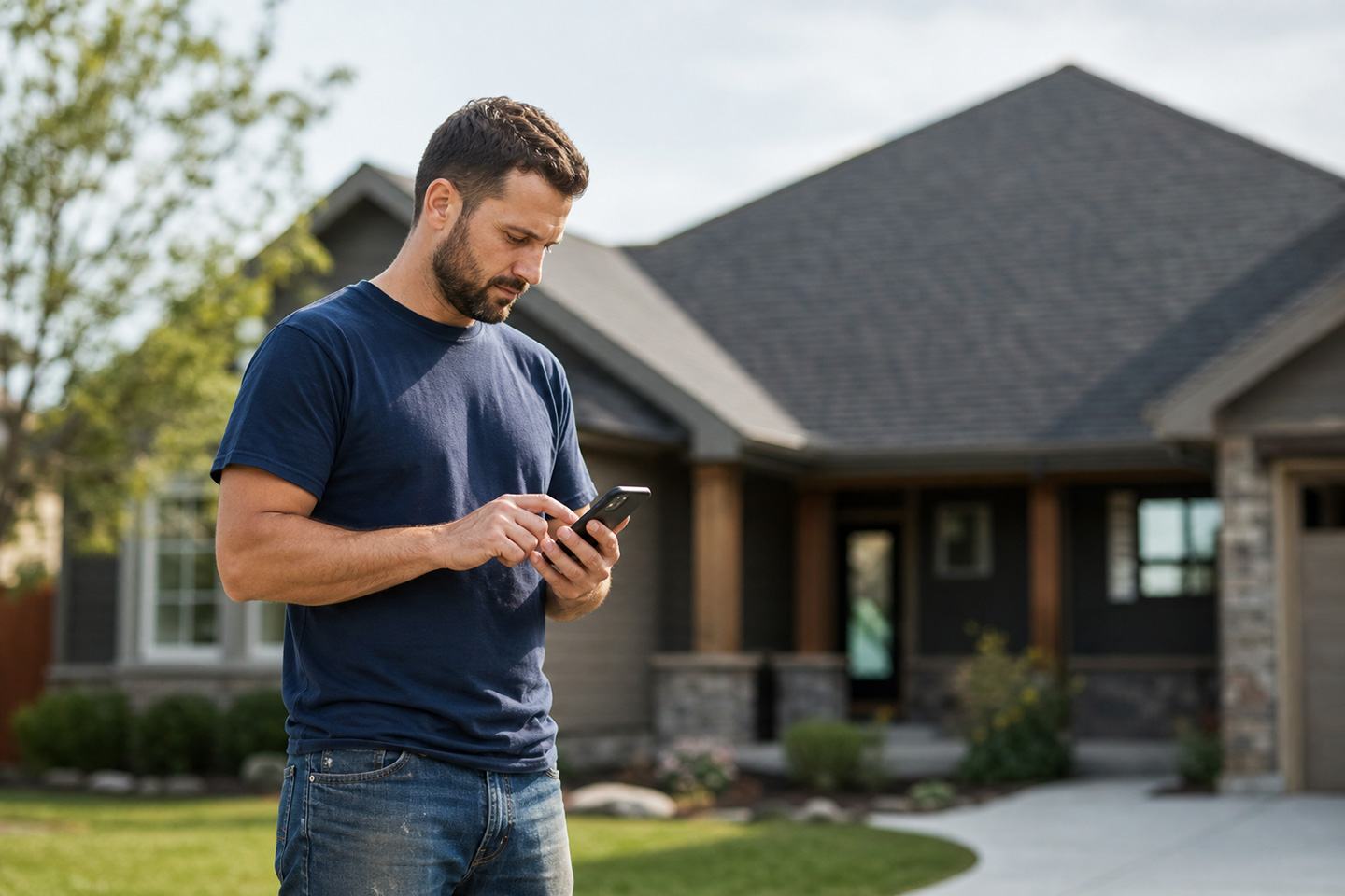 A roofing contractor using a free roofing warranty template on his smartphone to quickly close a job