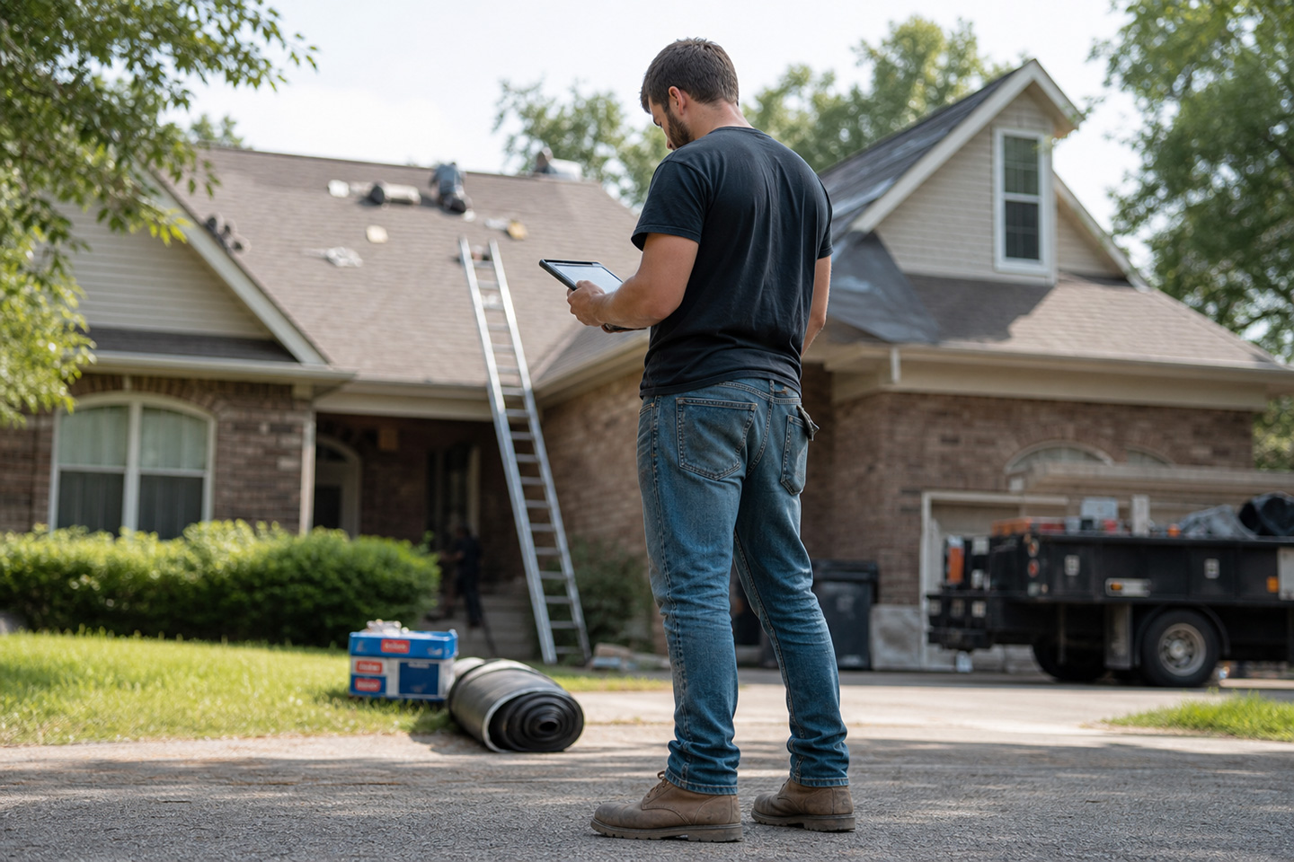Roofing-contractor-reviewing-estimating-software-on-a-tablet