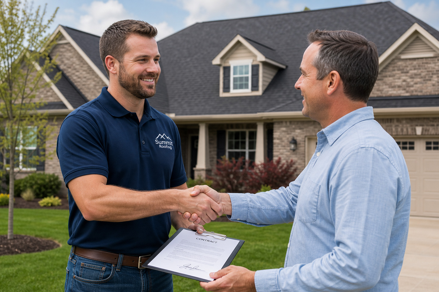 A roofer shaking hands with a new customer won through roofing leads