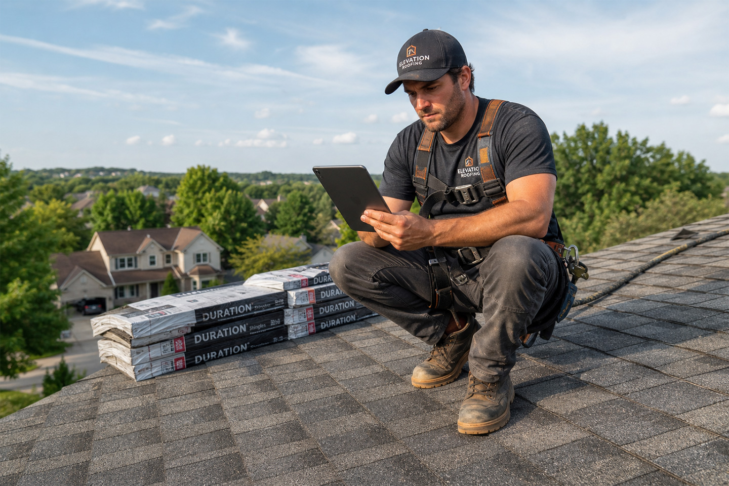 A roofer working on an estimate following roofing estimates best practices