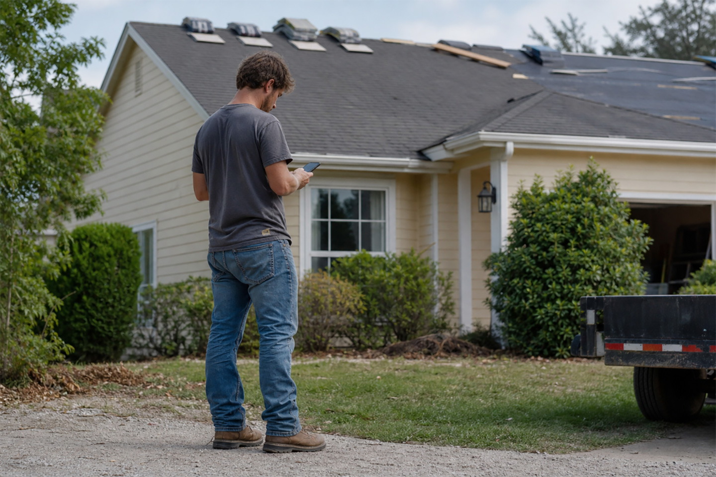 A roofing contractor on a job site looking down at his smartphone, illustrating what software roofing companies use to manage field operations