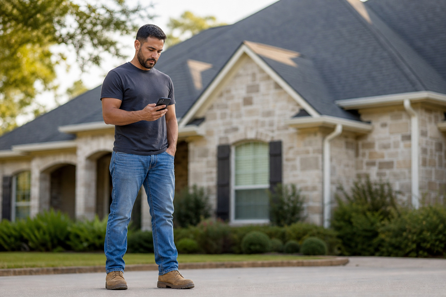 Roofing contractor standing outside a residential home reviewing job information on a smartphone