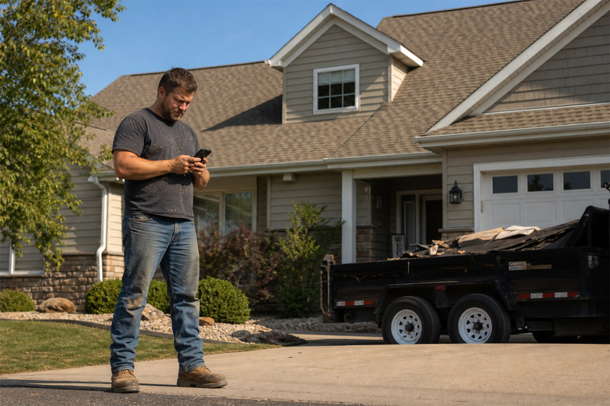 Roofing contractor standing outside a residential home reviewing job details on a smartphone between jobs