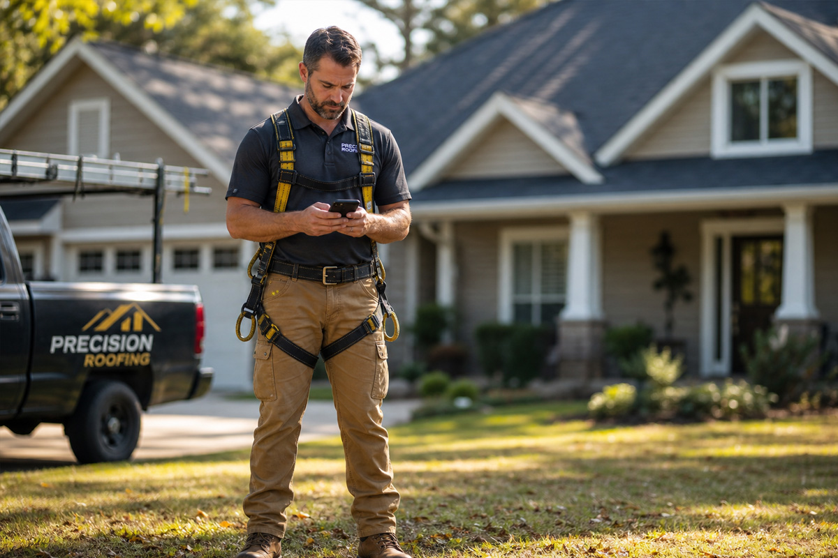 A roofer in a safety harness reviews job information on a smartphone on site, the kind of field workflow the best AI software for roofing companies is built to support