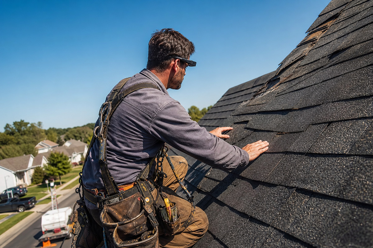 A roofer wearing smart glasses and a safety harness inspects shingle damage on a steep roof, showing the latest tech for roofing contractors in action
